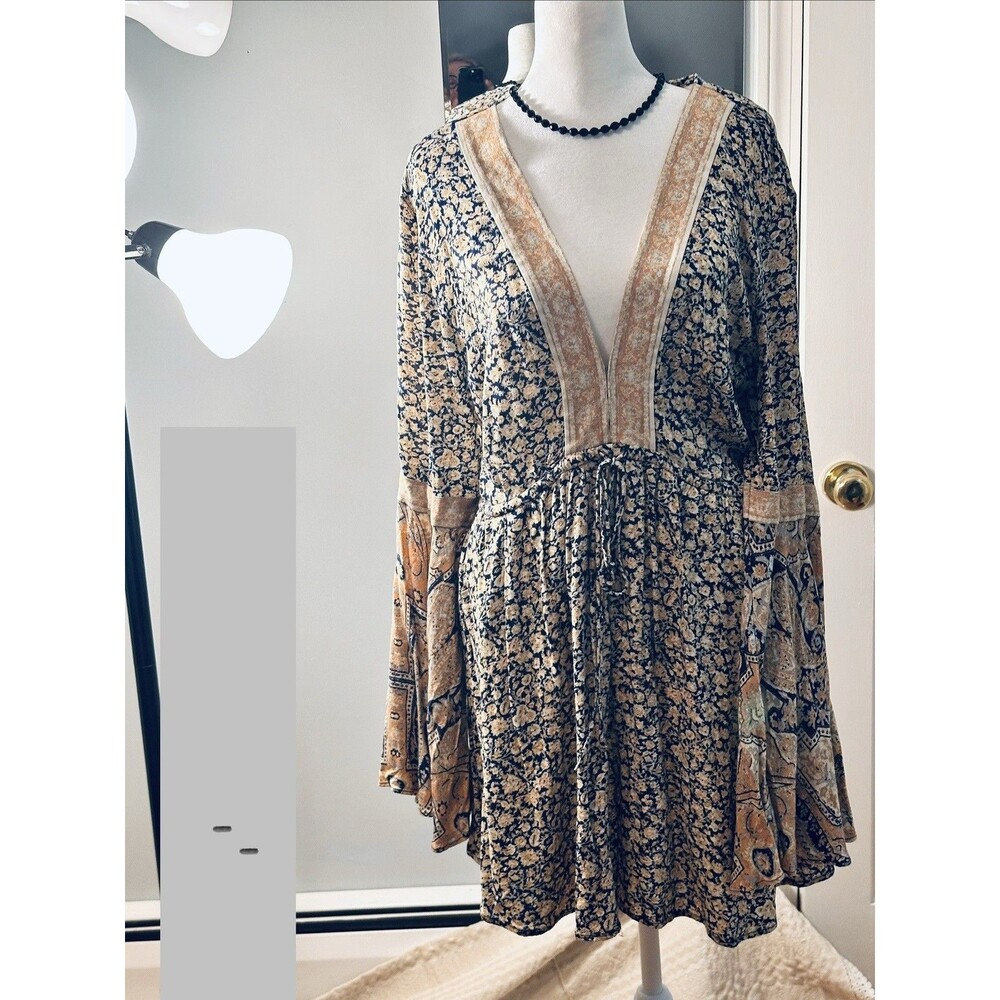 Free People Romper L Blue Cream Paisley Bell Sleeve Boho Chic Festival Retro